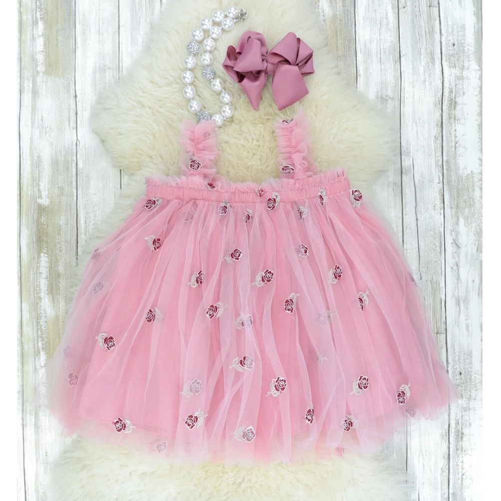 Baby girl pink/mauve tulle rose dress birthday one year milestone party pictures